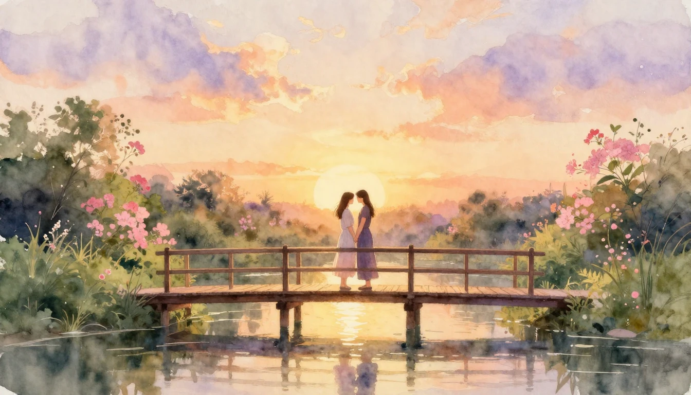 A romantic watercolor painting of a couple standing close to...