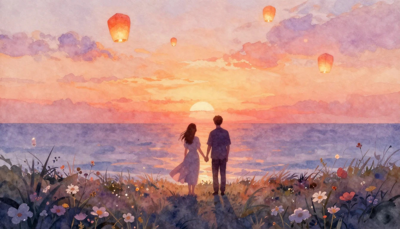 A soft and dreamy watercolor painting depicting a silhouette...