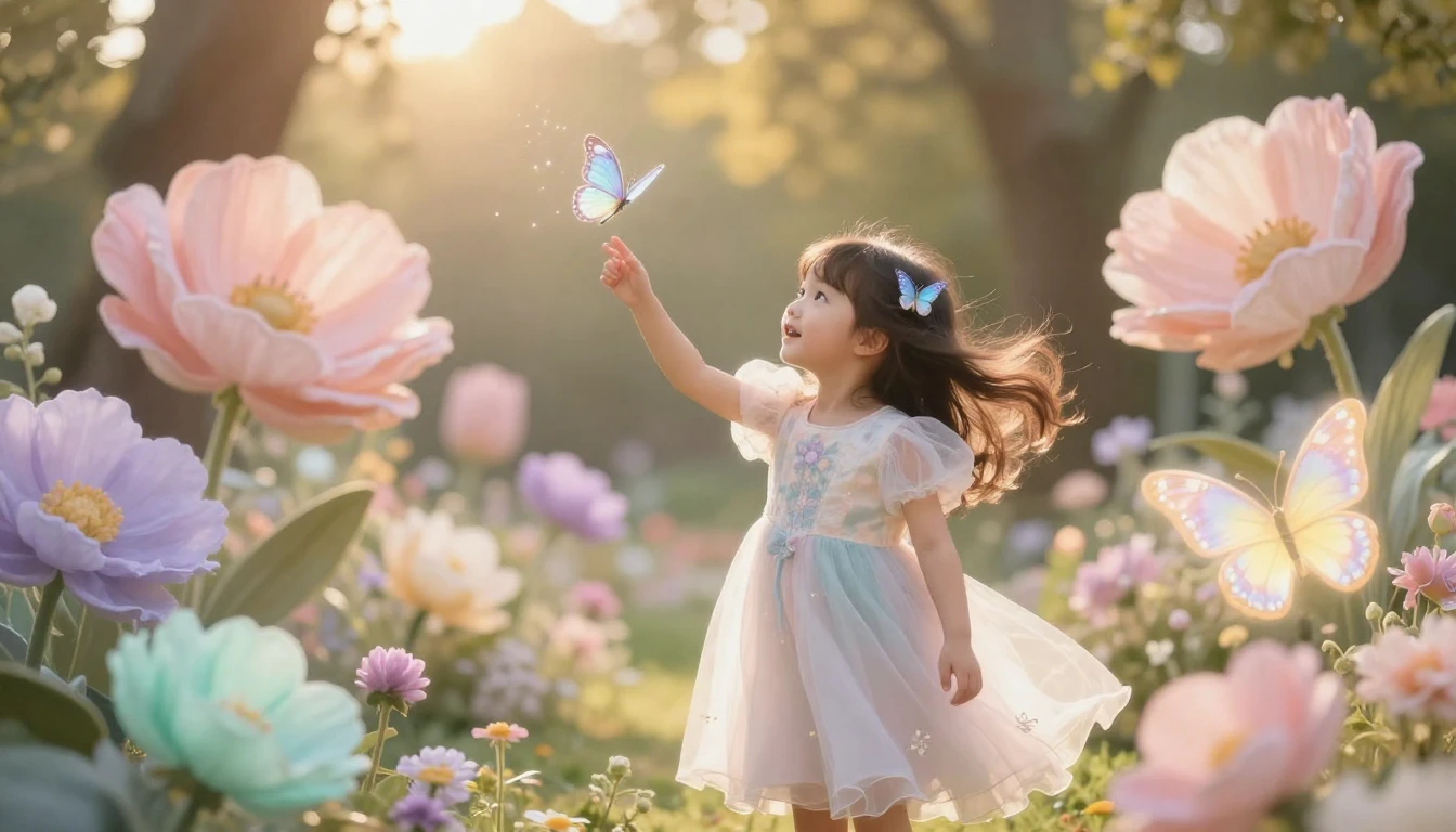 A whimsical and enchanting scene of a little five-year-old g...