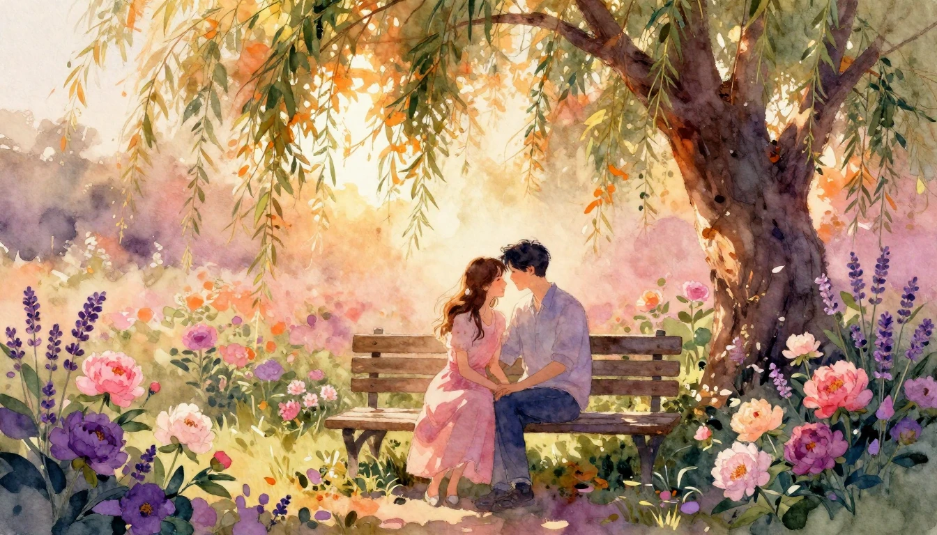A romantic watercolor painting depicting an intimate moment ...