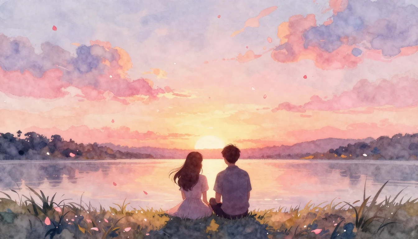 A romantic watercolor painting depicting two silhouettes sit...