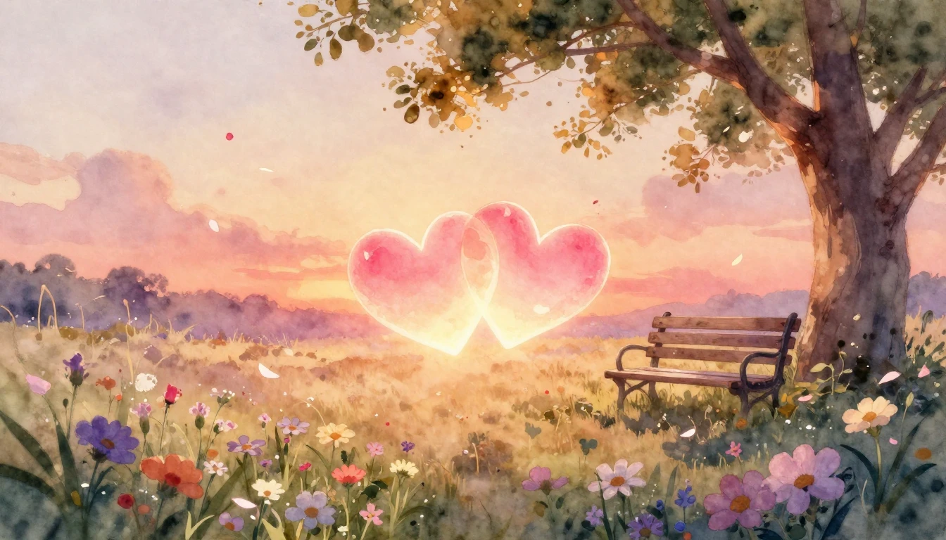 A soft and dreamy watercolor painting depicting two glowing,...