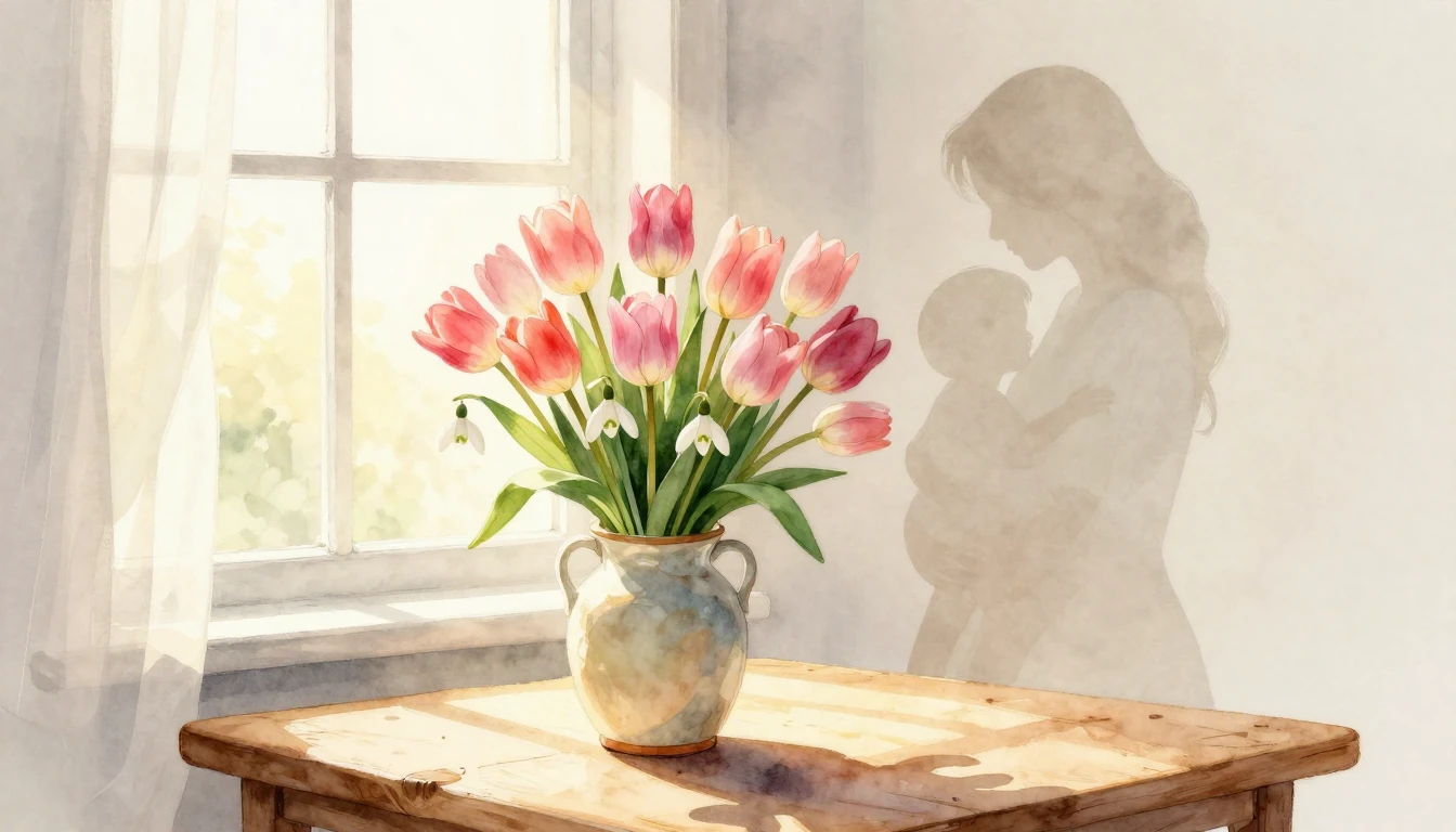 A heartwarming watercolor illustration depicting a cozy spri...