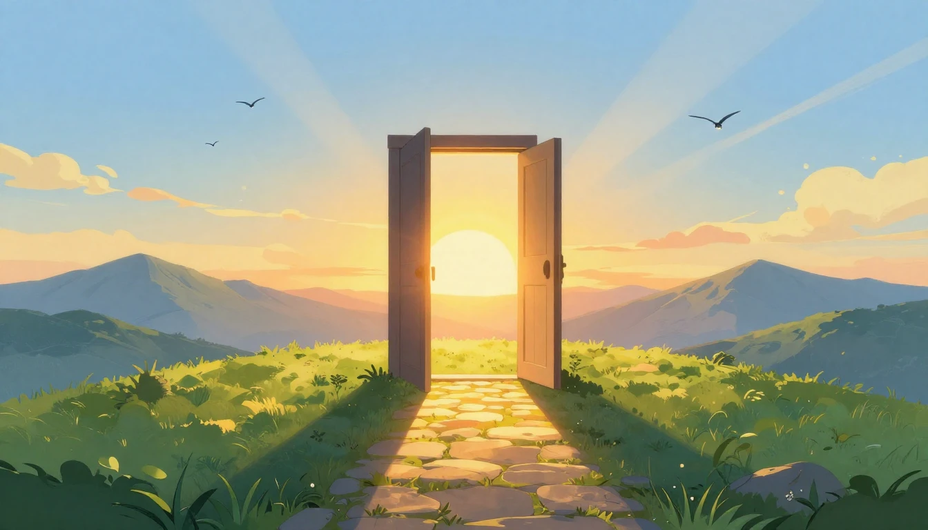 An artistic metaphorical illustration of an open door standi...