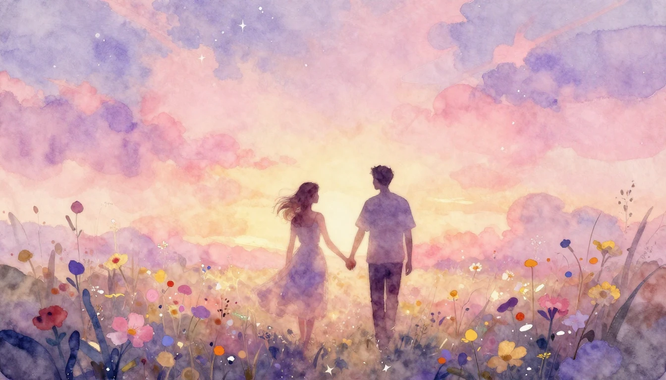 A soft and dreamy watercolor painting depicting two silhouet...