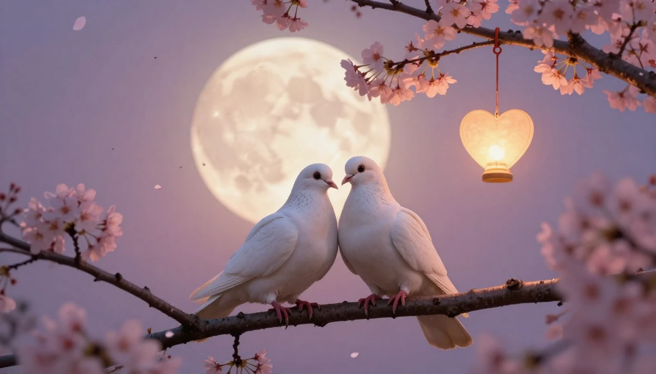 A soft and dreamy romantic scene featuring two white doves p...