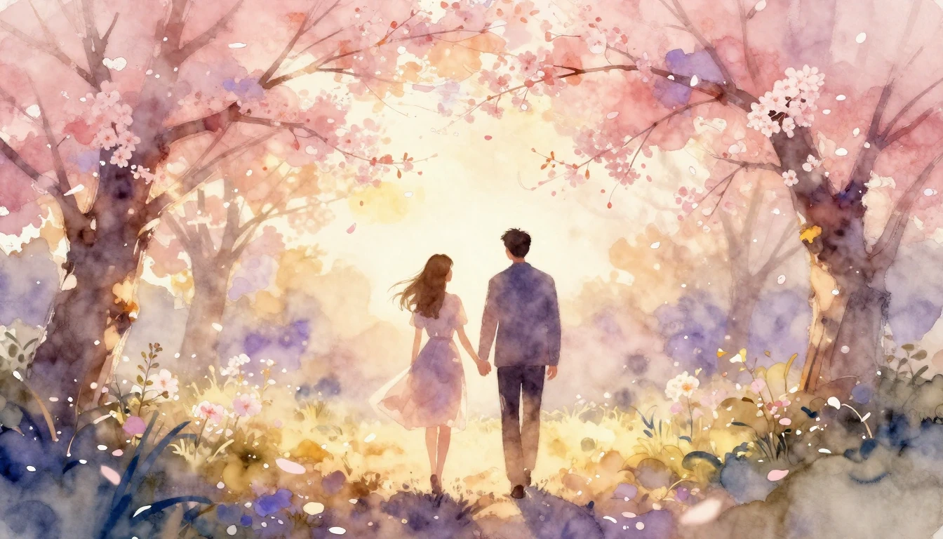 A romantic watercolor painting depicting two silhouettes wal...