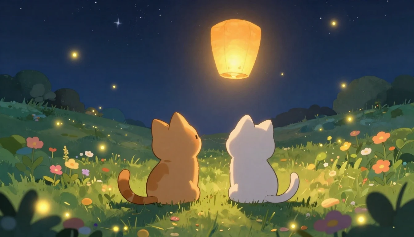 Two adorable stylized cats sitting side by side on a lush gr...