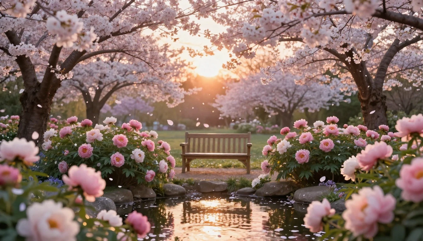 A dreamy and romantic garden scene at golden hour. Soft, war...