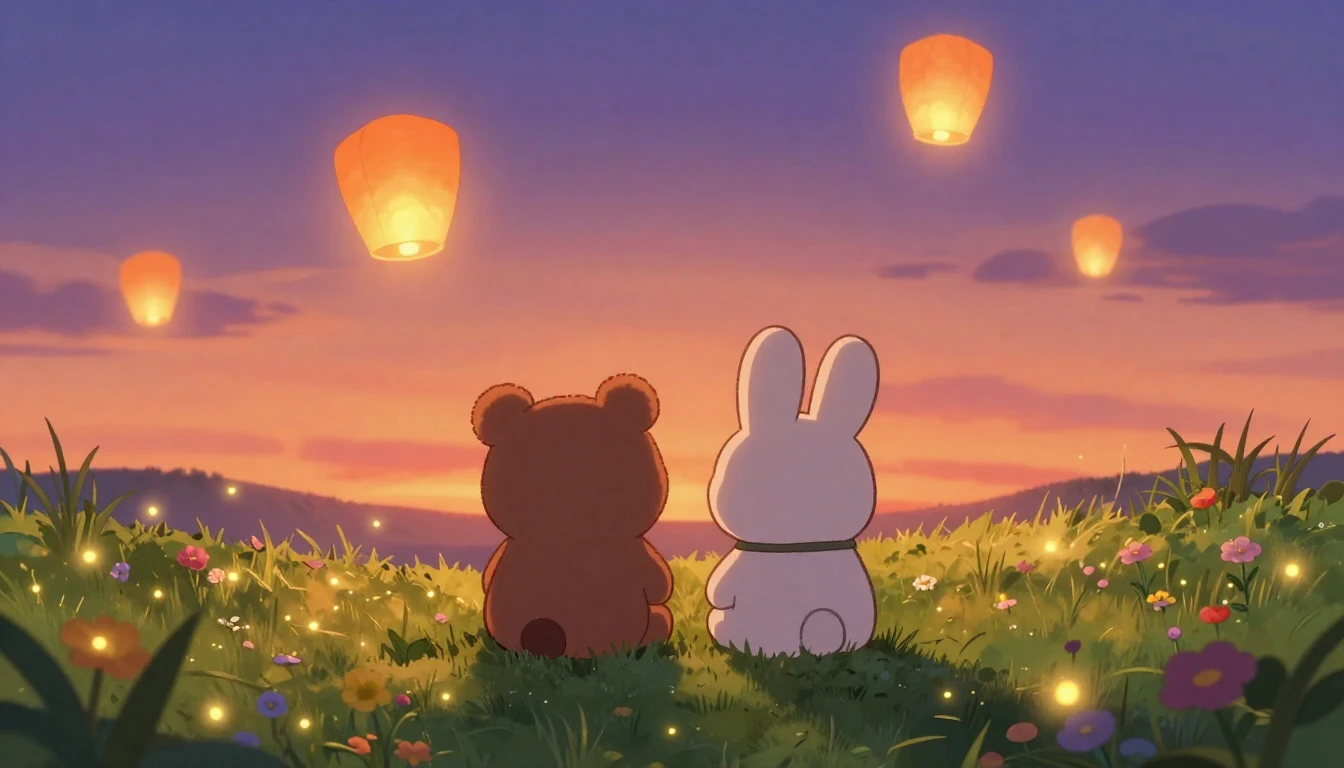 Two cute, stylized animal friends, a small bear and a bunny,...