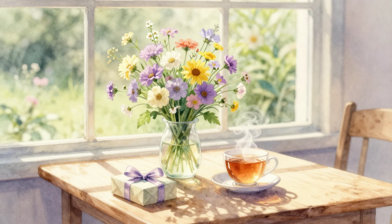 A delicate watercolor painting of a sun-drenched wooden tabl...