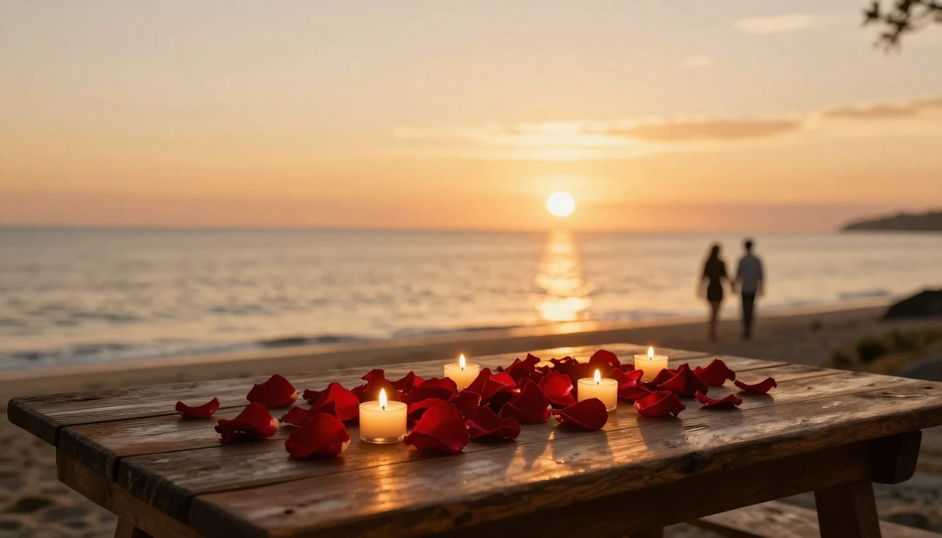 A breathtaking cinematic scene of a romantic sunset over a c...