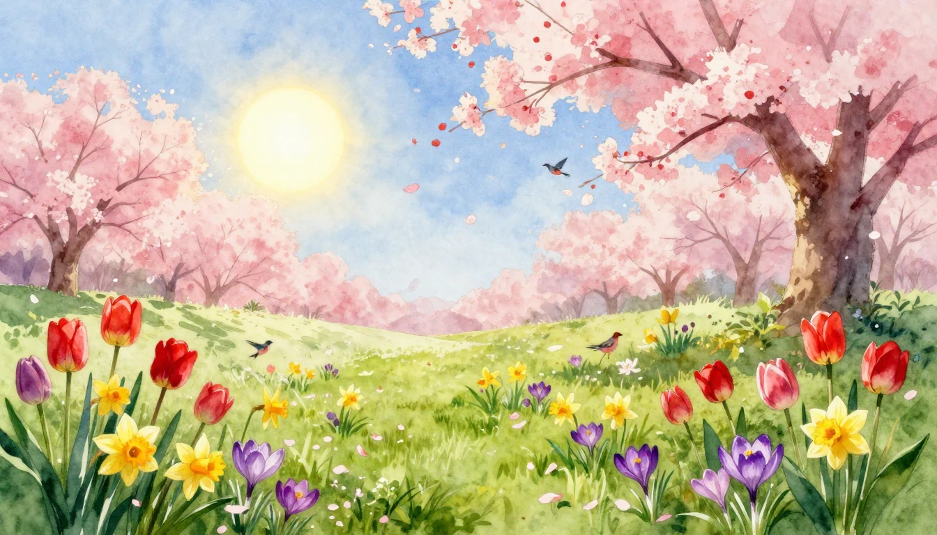 A vibrant and ethereal watercolor painting depicting a lush ...