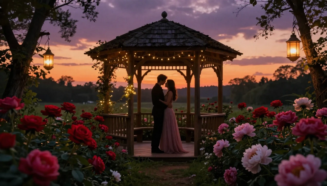 A dreamlike and romantic scene featuring a lush garden fille...