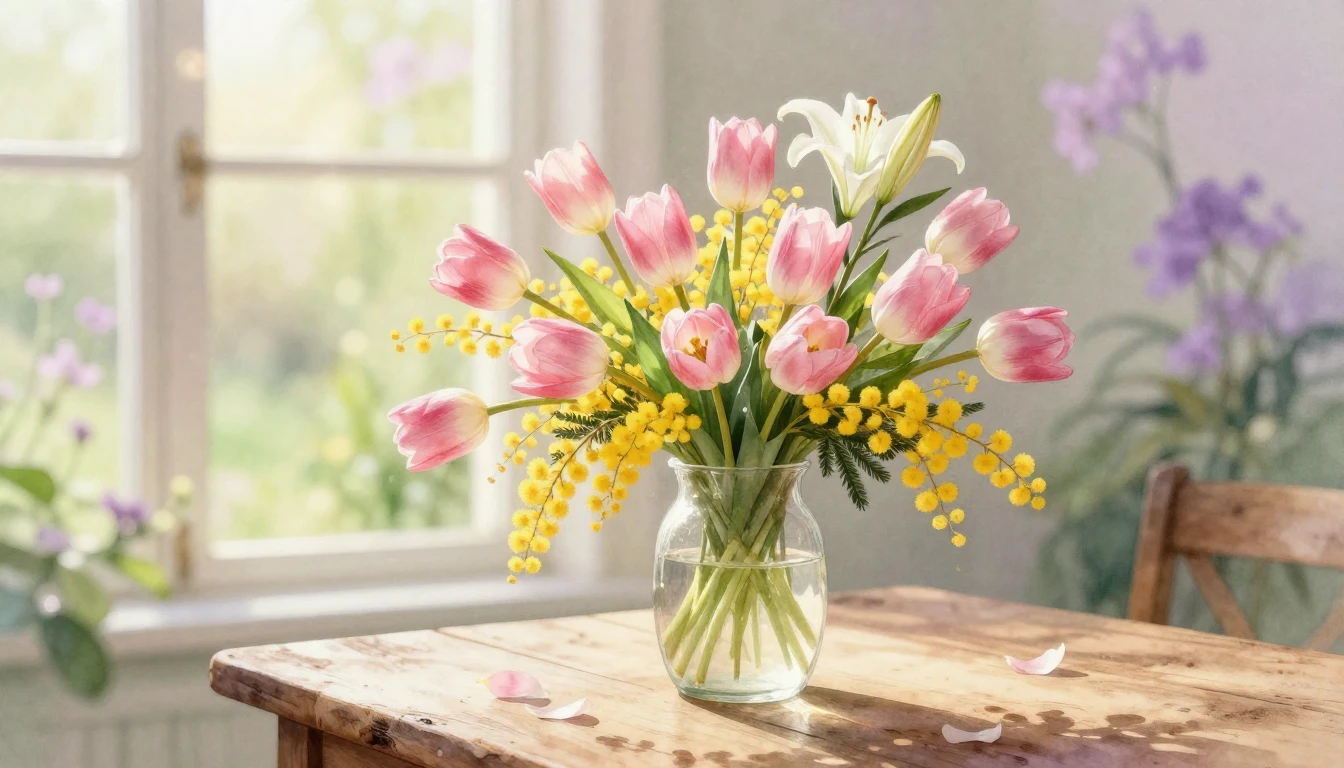 A delicate and vibrant watercolor painting of a lush spring ...