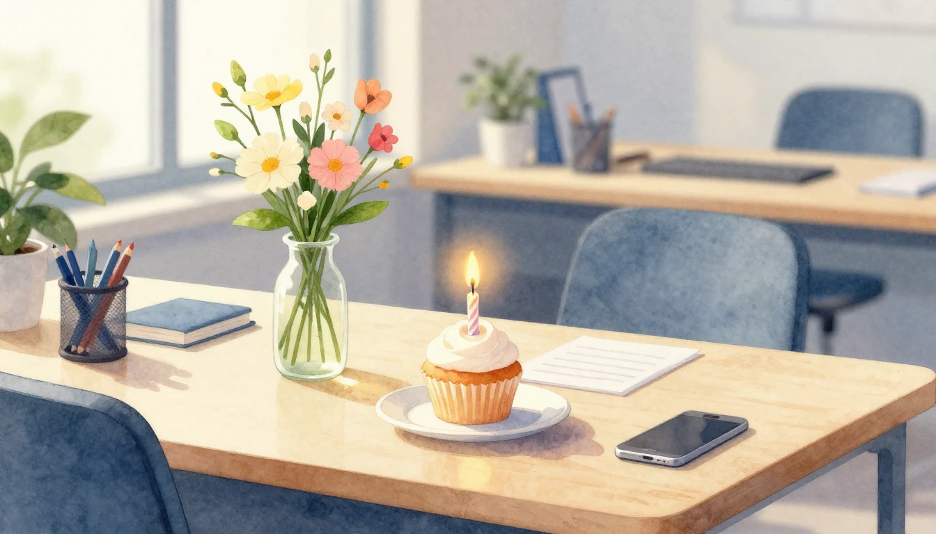 A warm and festive office desk setting illustrated in soft w...