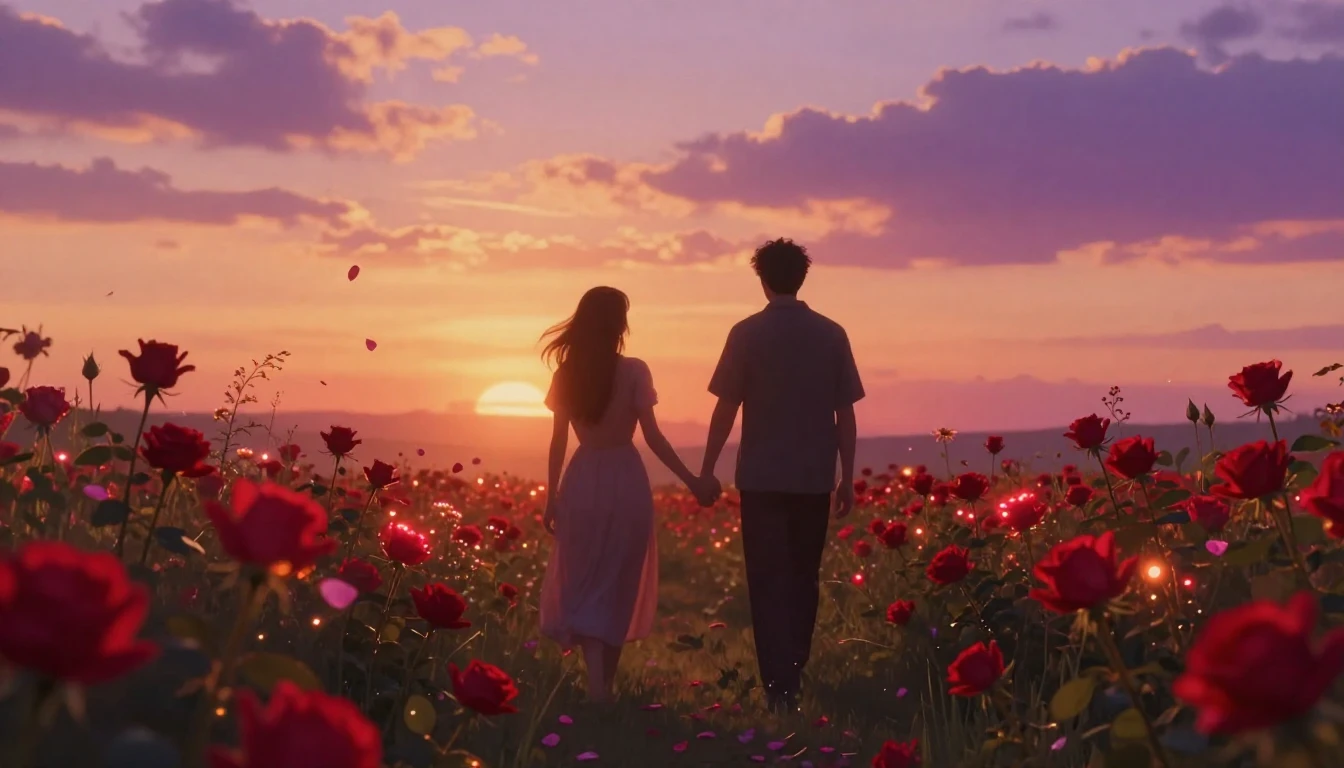 A romantic and dreamy atmosphere featuring two silhouetted f...