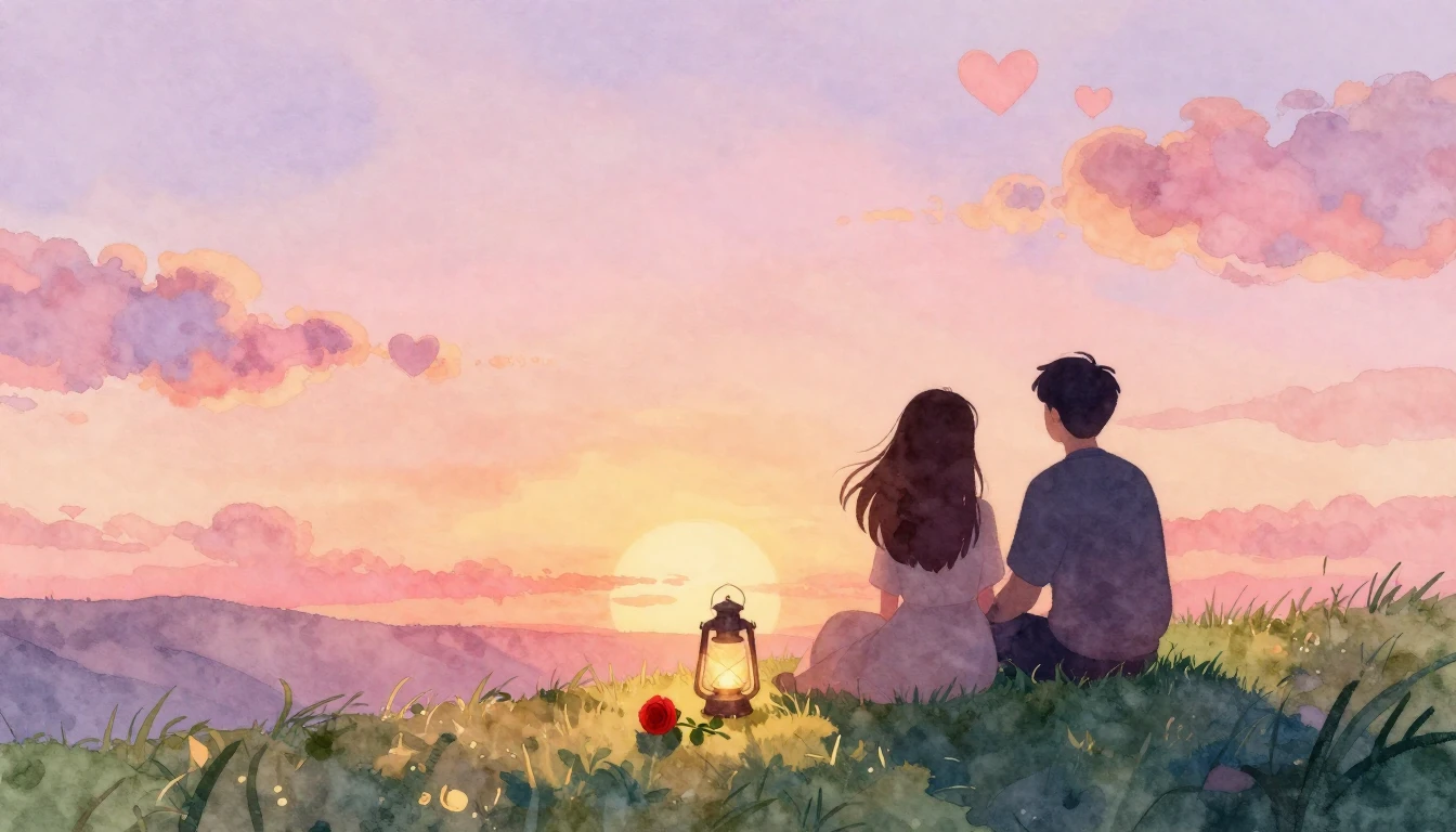 A soft and dreamy watercolor illustration depicting a romant...