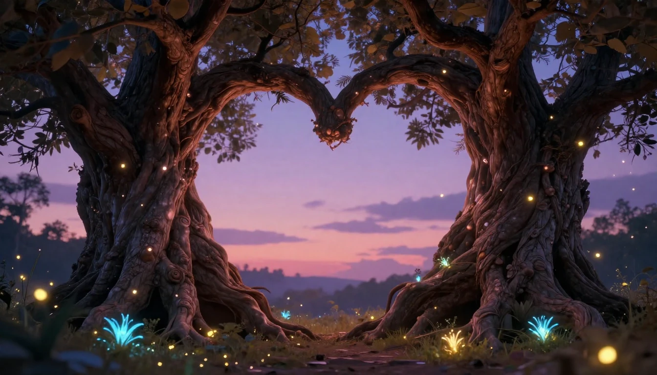 A whimsical, romantic scene featuring two ancient trees with...