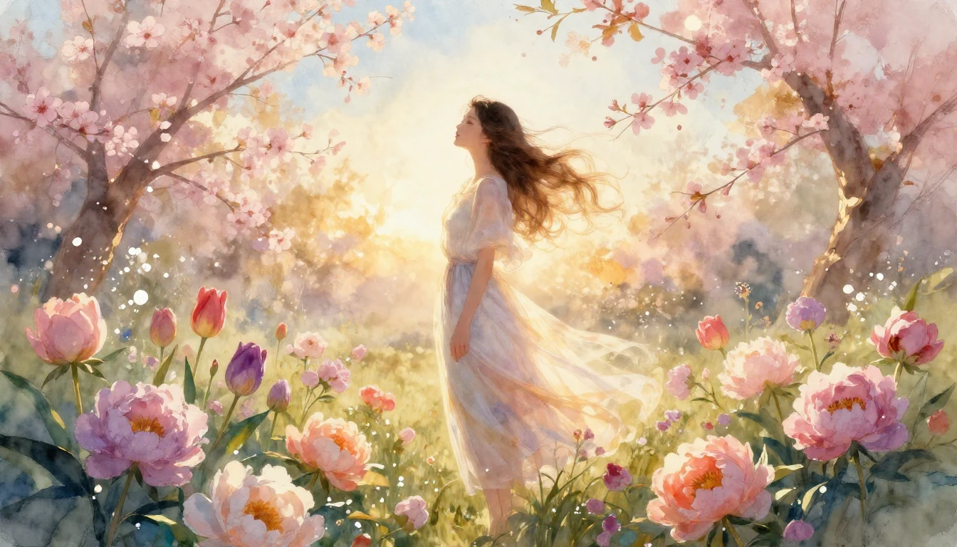 A breathtaking watercolor painting of a graceful woman stand...