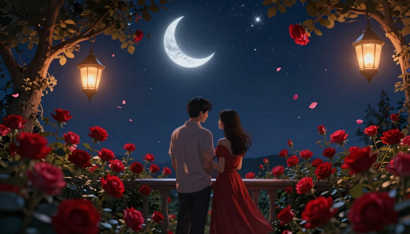 An enchanting and romantic scene featuring a couple standing...