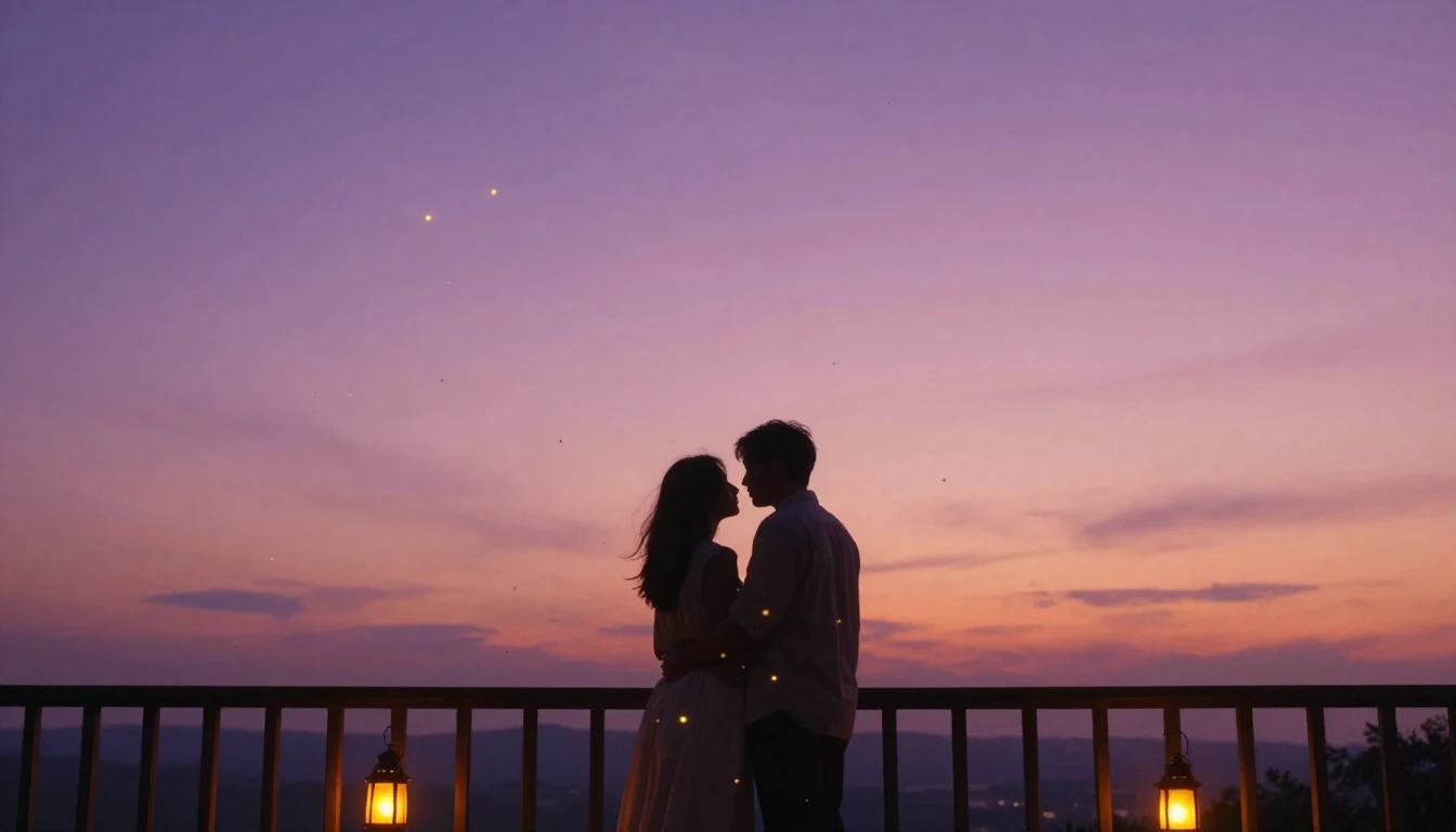 A romantic and ethereal scene featuring two lovers standing ...