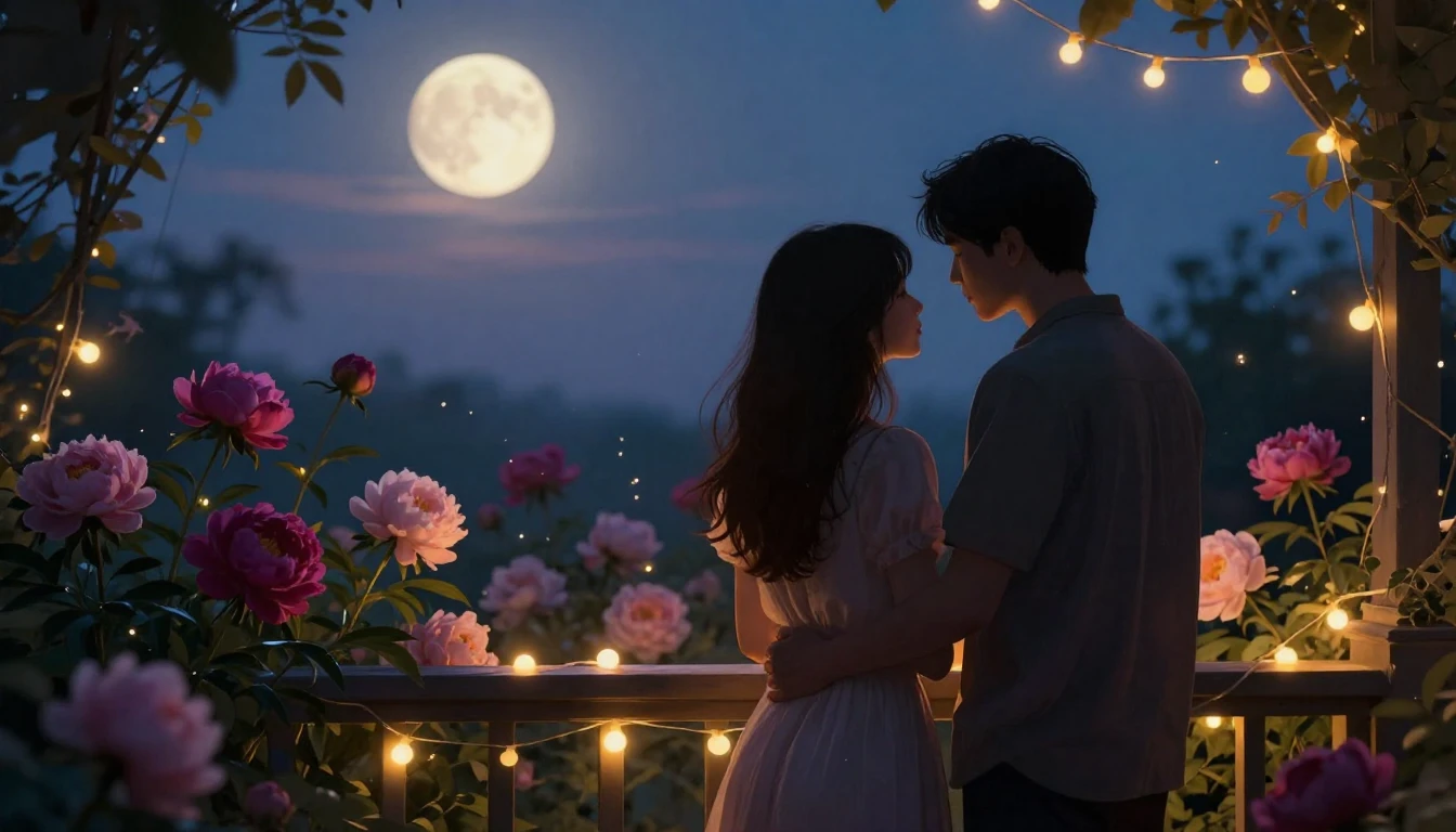 A romantic and intimate scene of two people silhouettes stan...