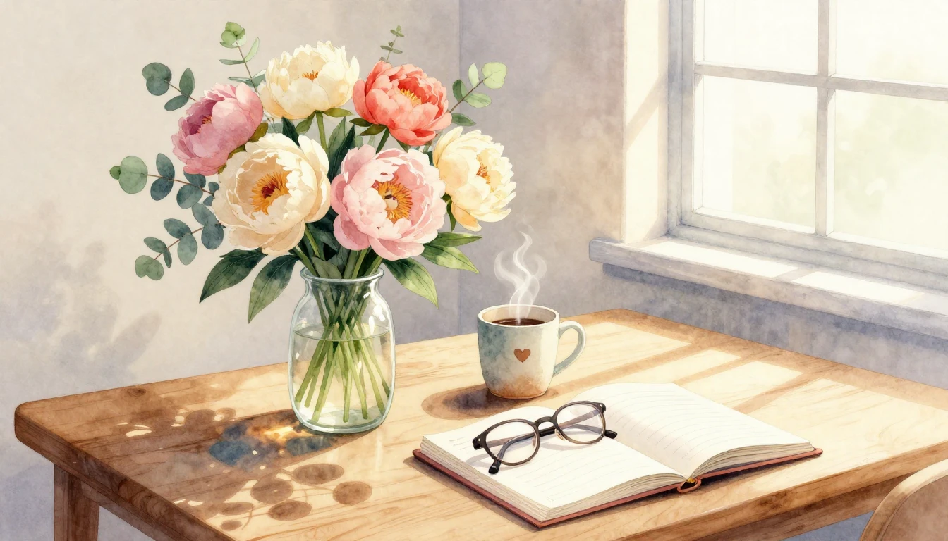 A delicate watercolor illustration of a bright and cozy work...