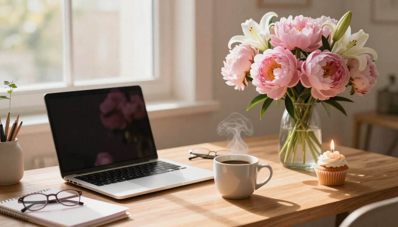A beautiful and cozy workspace aesthetic. A wooden desk feat...