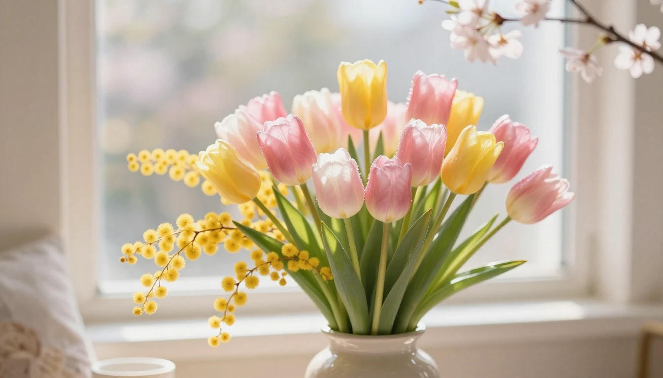 A vibrant and elegant spring composition featuring a lush bo...