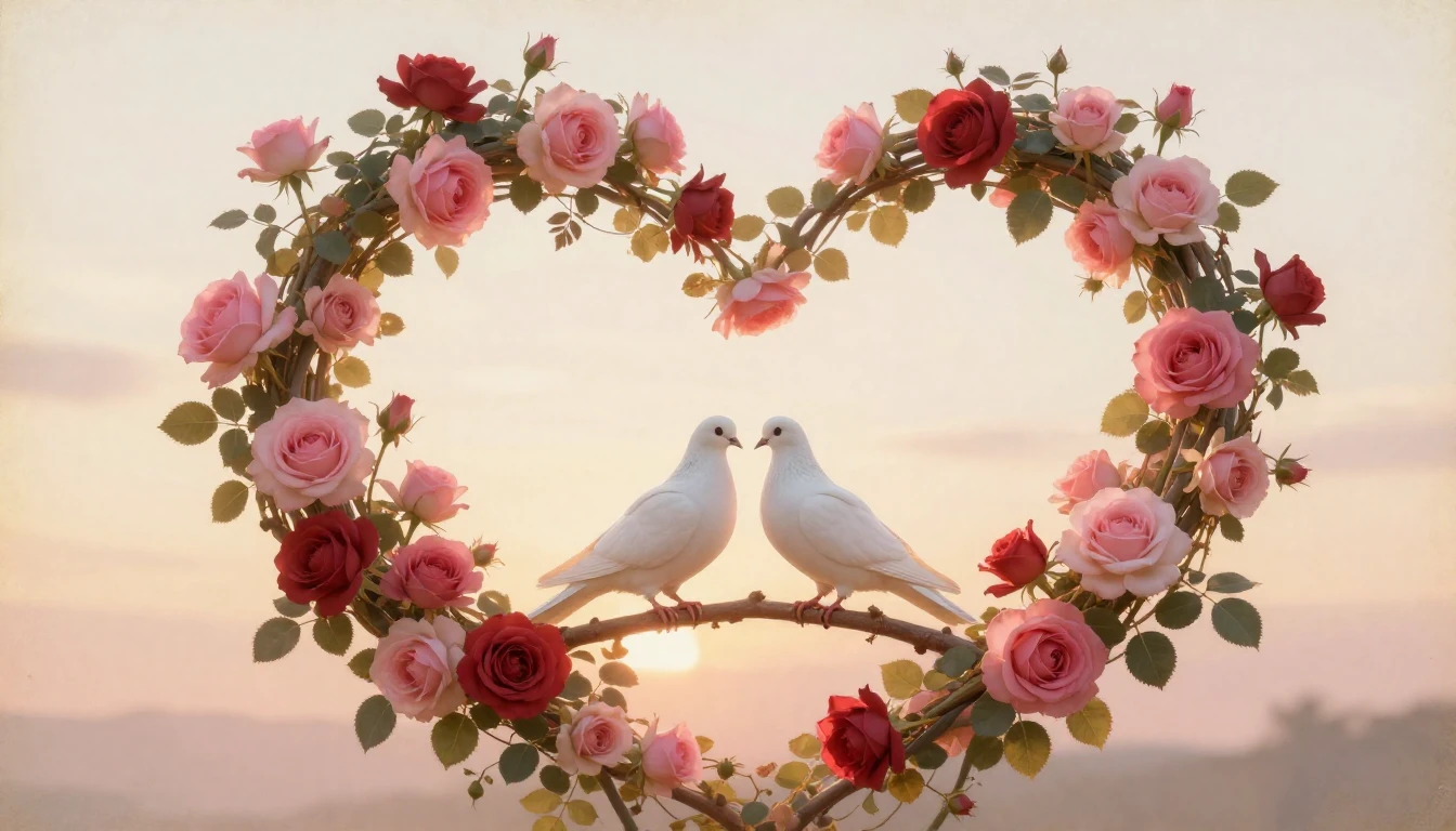 A soft, dreamy composition featuring two intertwined bloomin...