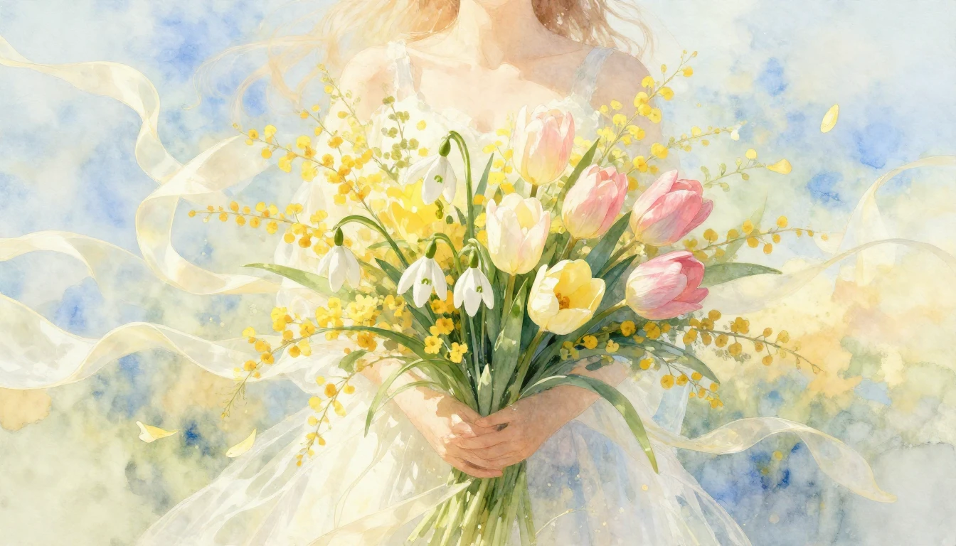 A soft and ethereal watercolor painting composition represen...