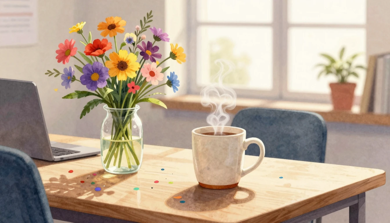 A beautiful watercolor illustration of a bright and cozy off...