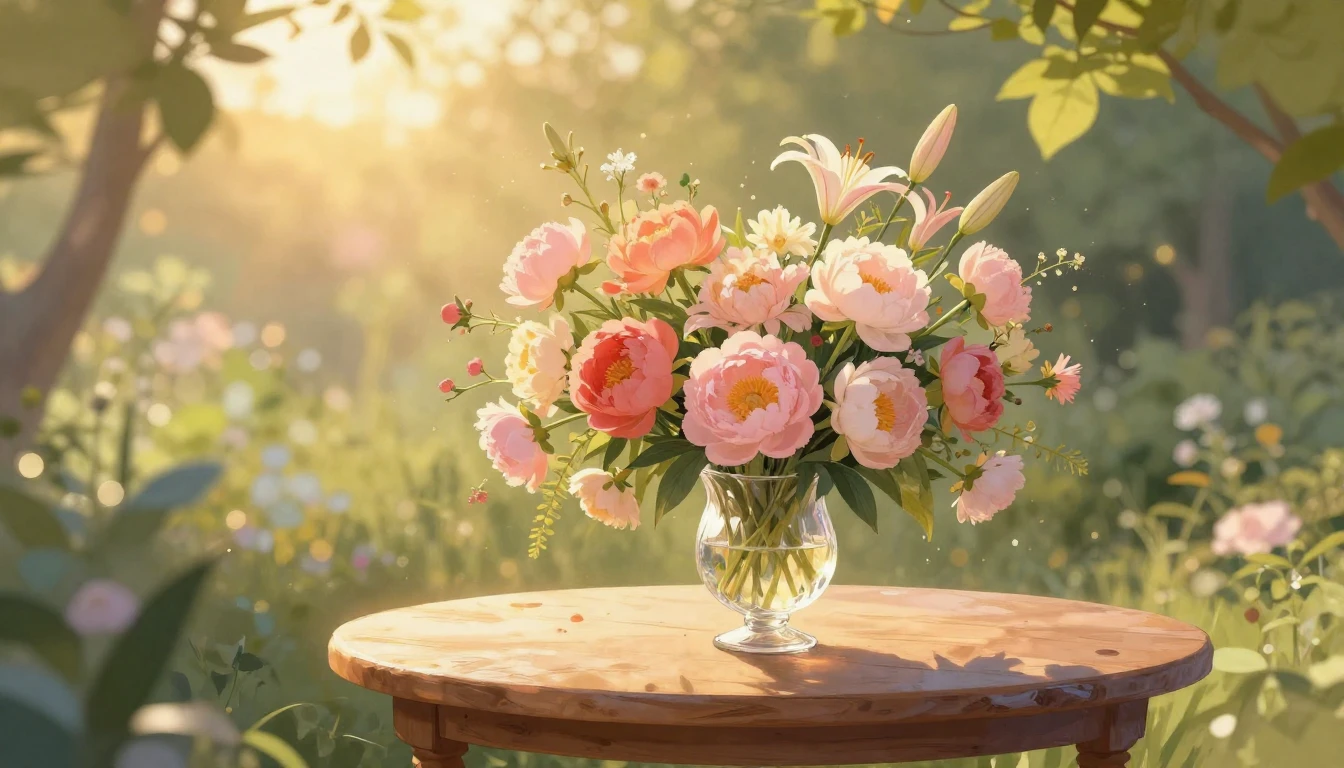 A serene and beautiful garden scene during a warm golden hou...