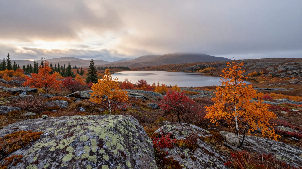 A majestic northern autumn landscape with rocky tundra, crys...