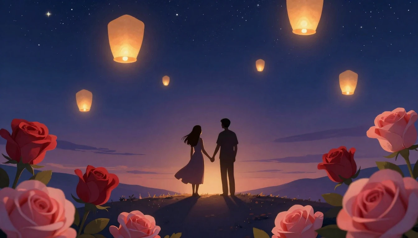 A romantic and dreamy illustration featuring a silhouette of...