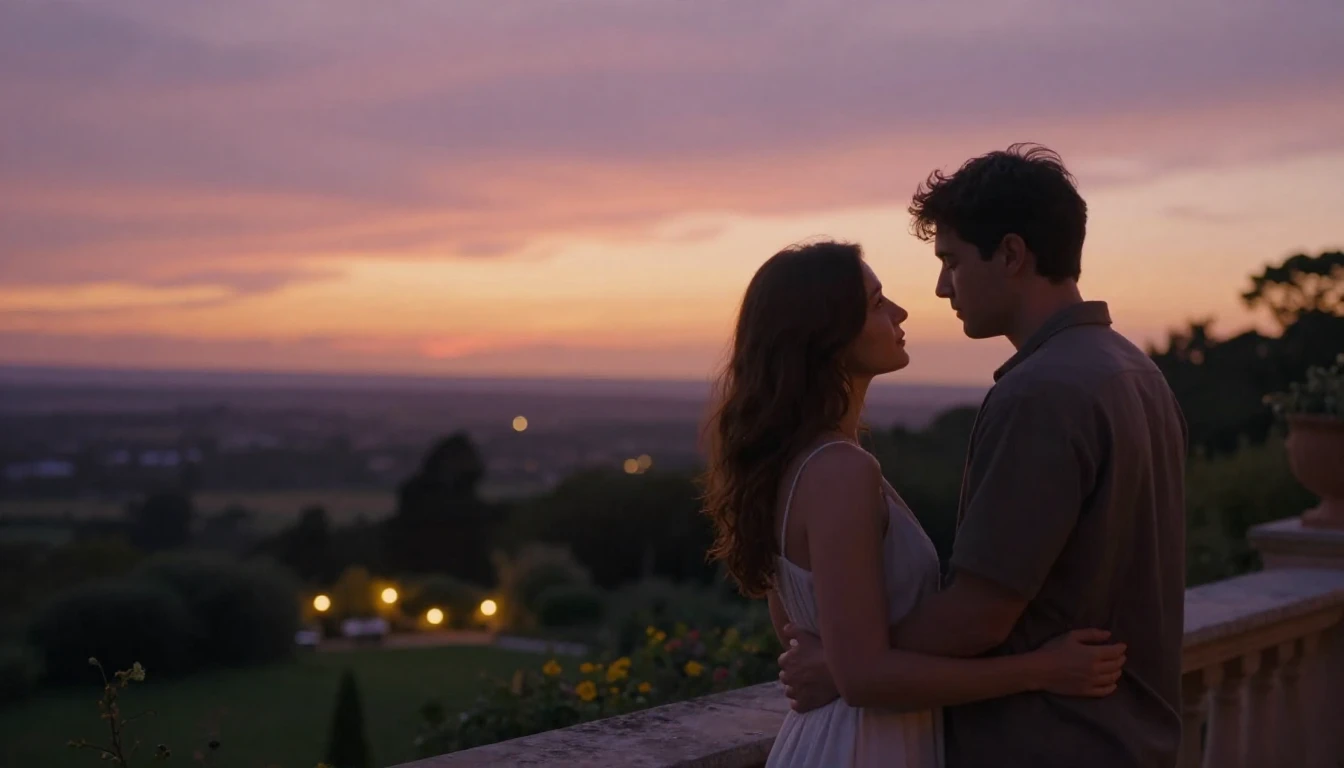A cinematic wide shot of a romantic couple standing on a bal...