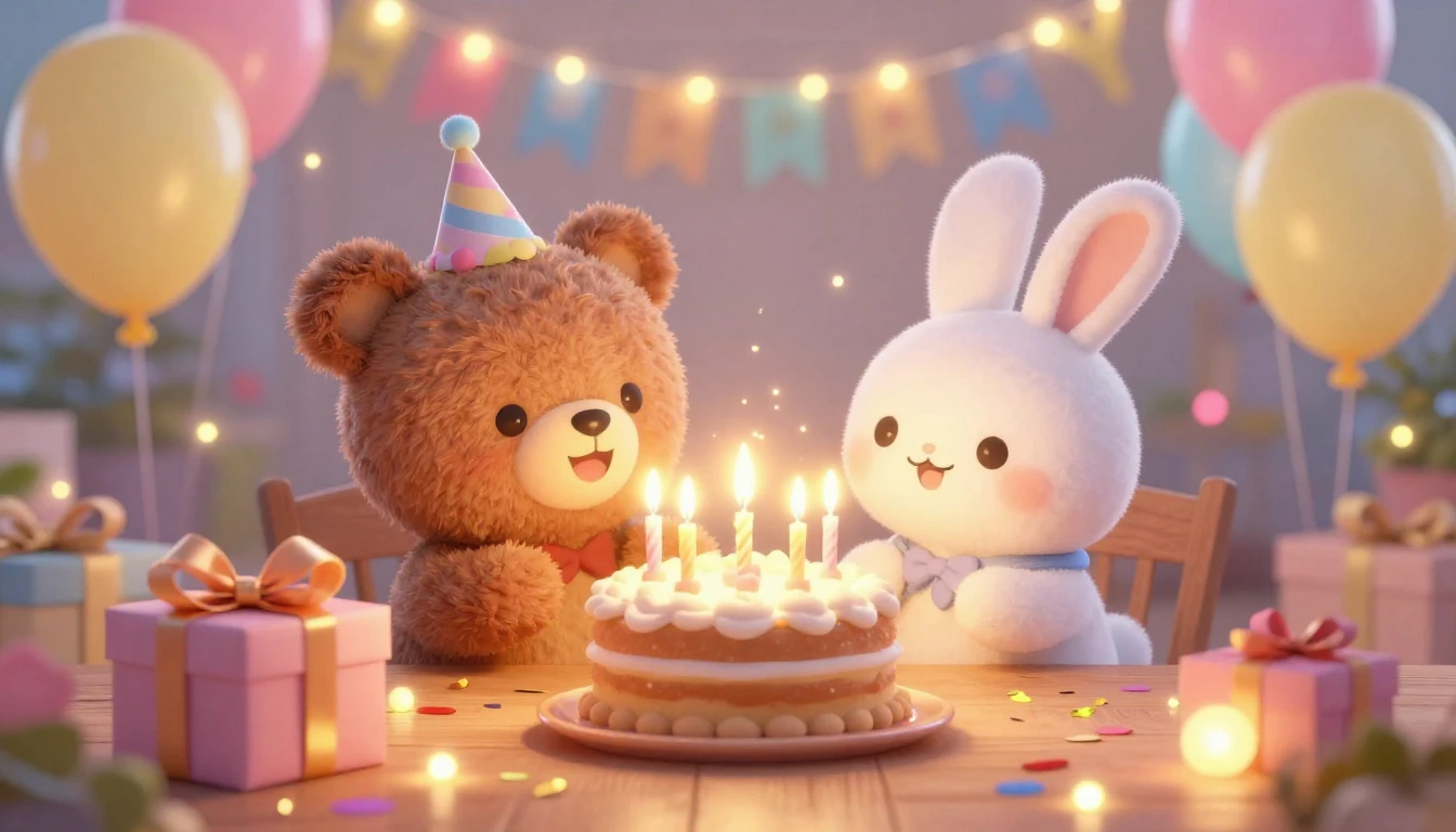 A heartwarming and joyful birthday celebration scene. Two ad...