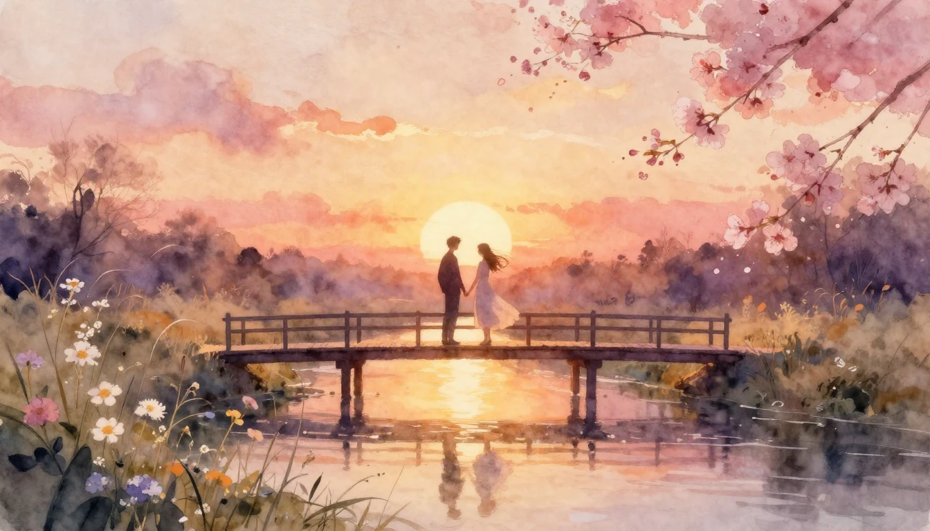 A romantic and dreamy scene depicting two silhouettes of a c...