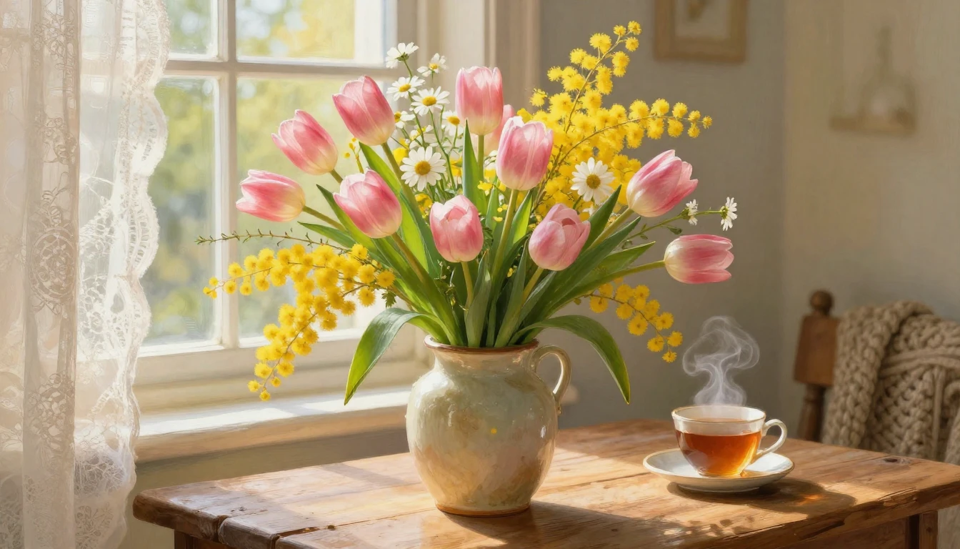A beautiful, lush bouquet of spring flowers featuring soft p...