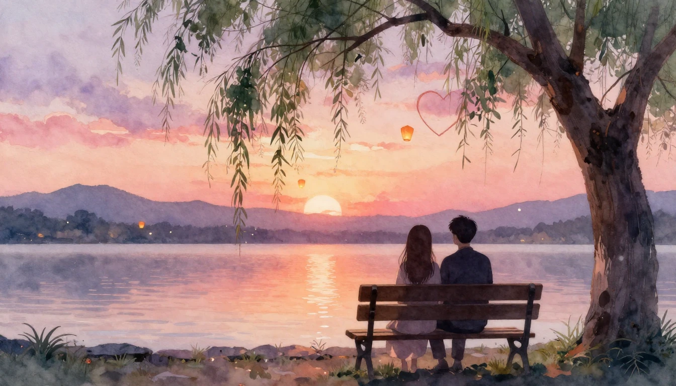 A romantic and dreamy watercolor painting depicting two silh...