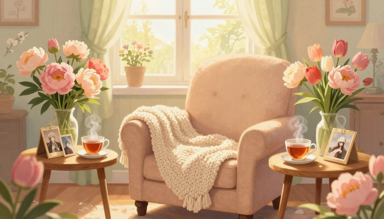 A warm and heartwarming illustration of a cozy, sun-drenched...