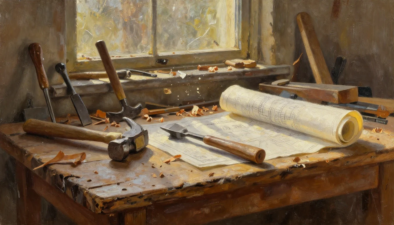 An expressive oil painting depicting a rustic wooden workben...