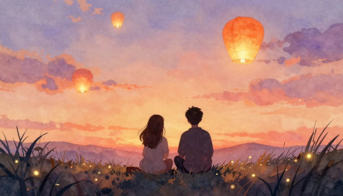 A heartwarming watercolor illustration depicting two silhoue...