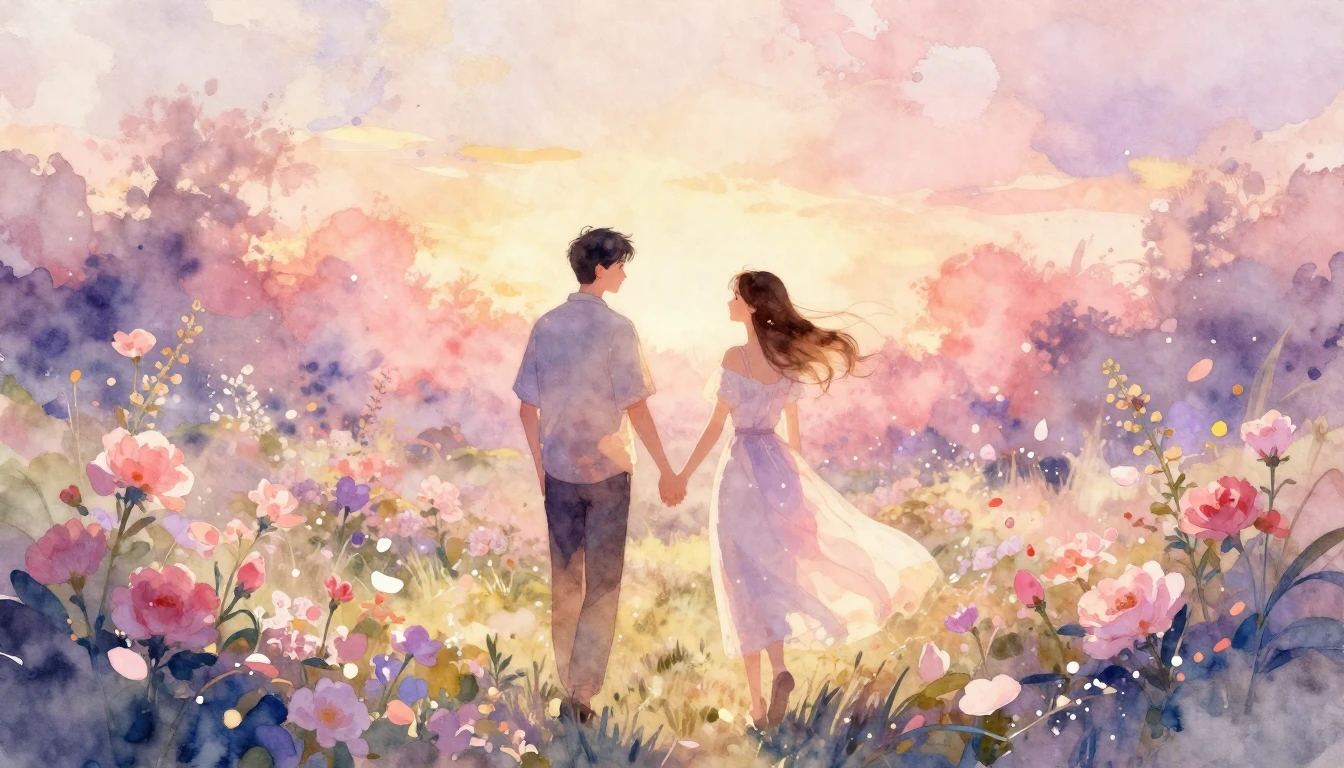 A dreamy and romantic watercolor illustration of a couple wa...