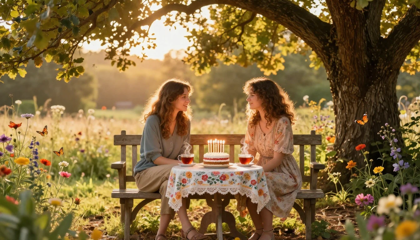 A warm and cozy scene of two friends sitting on a rustic woo...