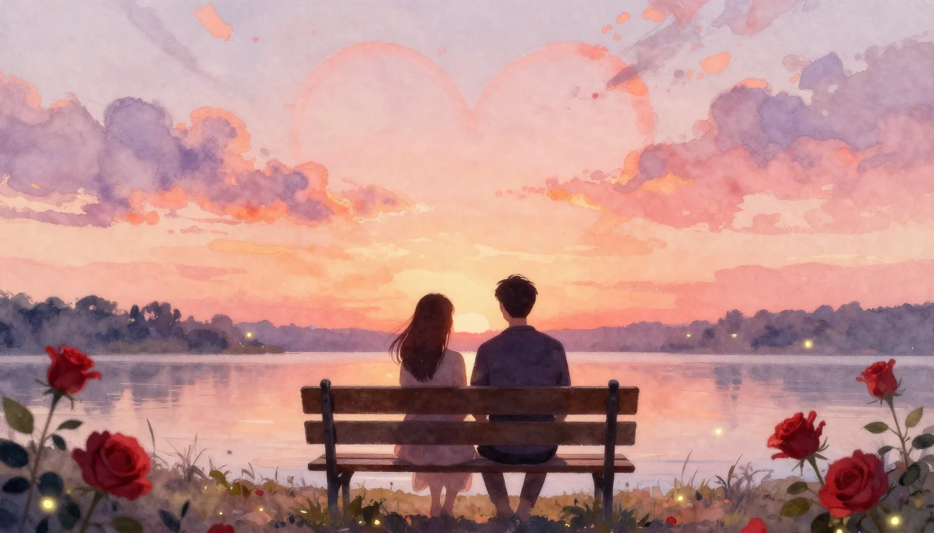 A soft and romantic watercolor painting depicting two silhou...