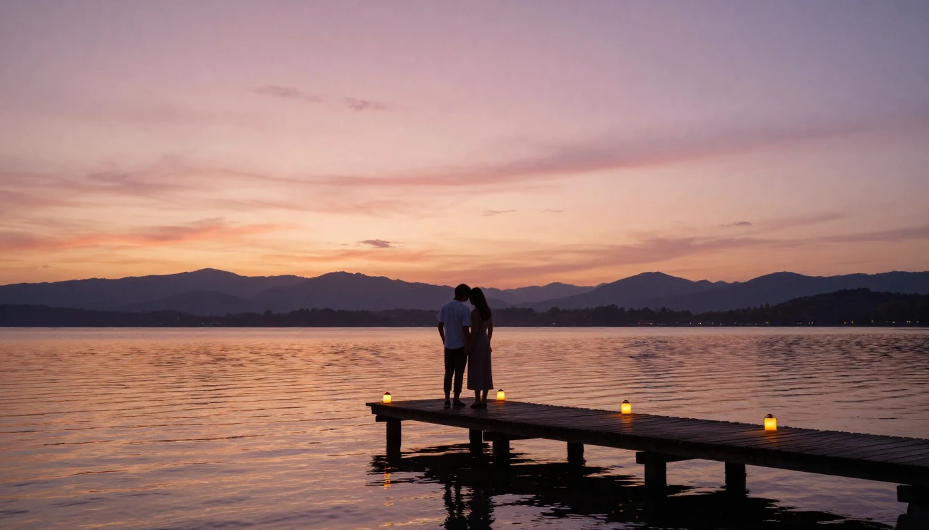 A romantic and intimate scene of a couple standing on a wood...