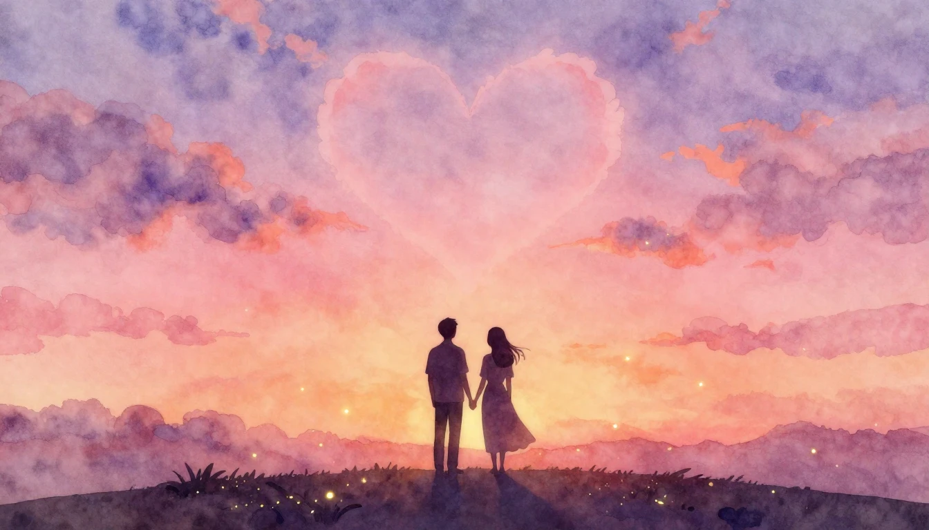 A romantic and dreamy watercolor painting depicting two silh...