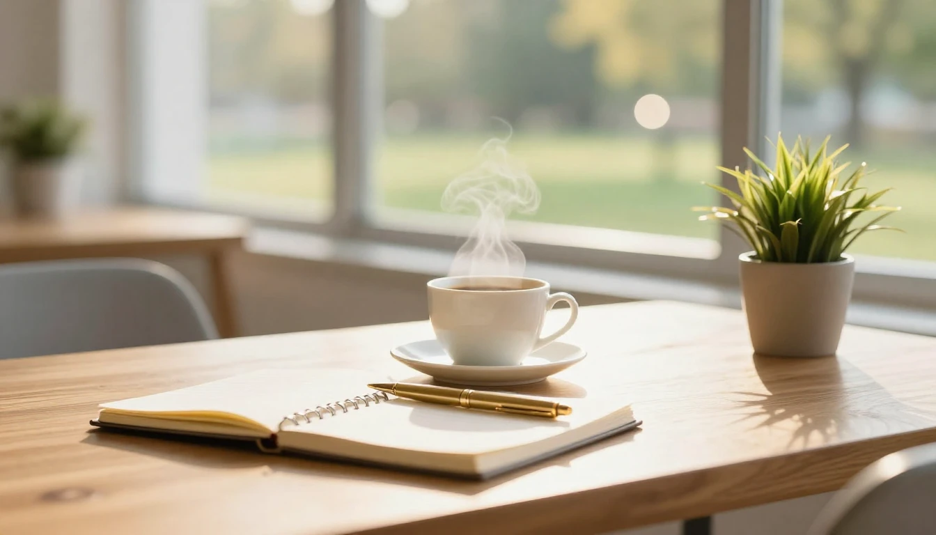 A cozy and bright modern workspace with a warm, sunlit atmos...